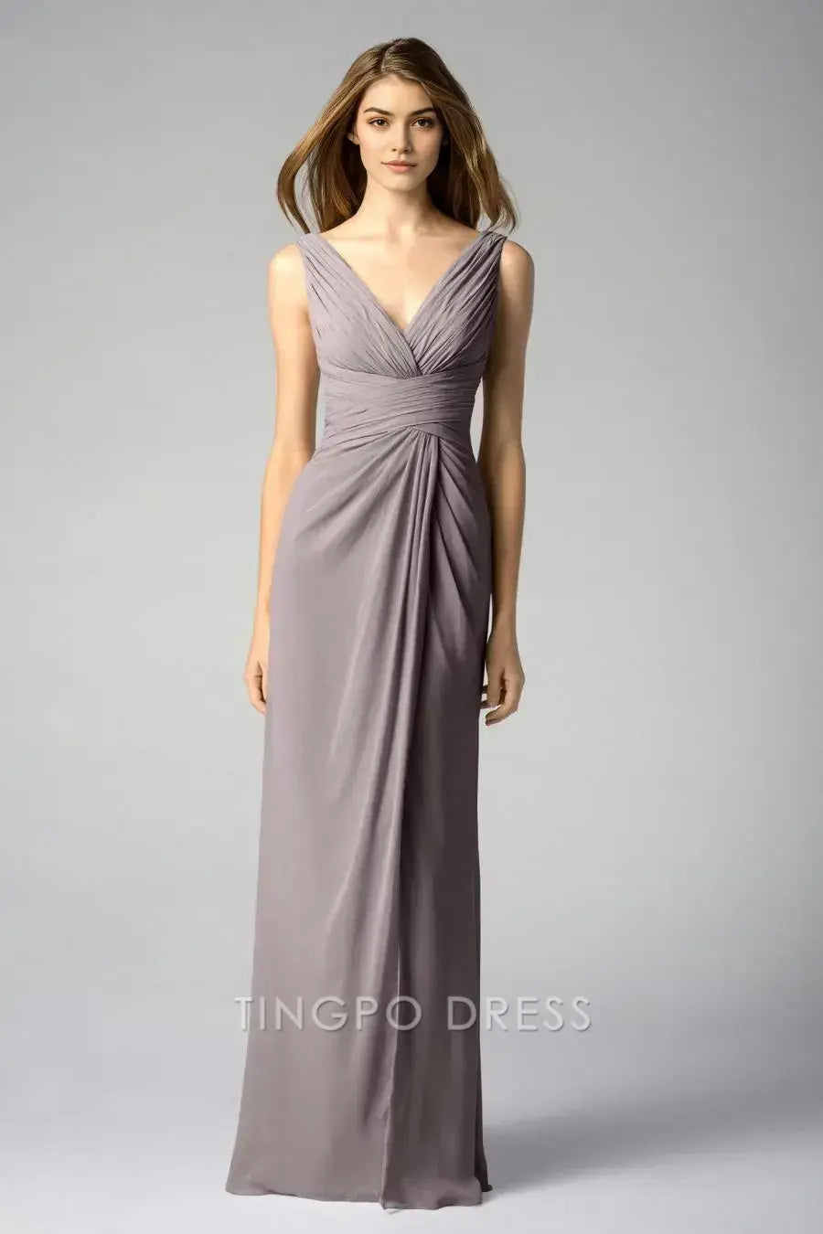 TingPo Wholesale Elegant Light Purple Deep V Dress - Sleeveless Ruched - Waist Chiffon Maxi Evening Gown
